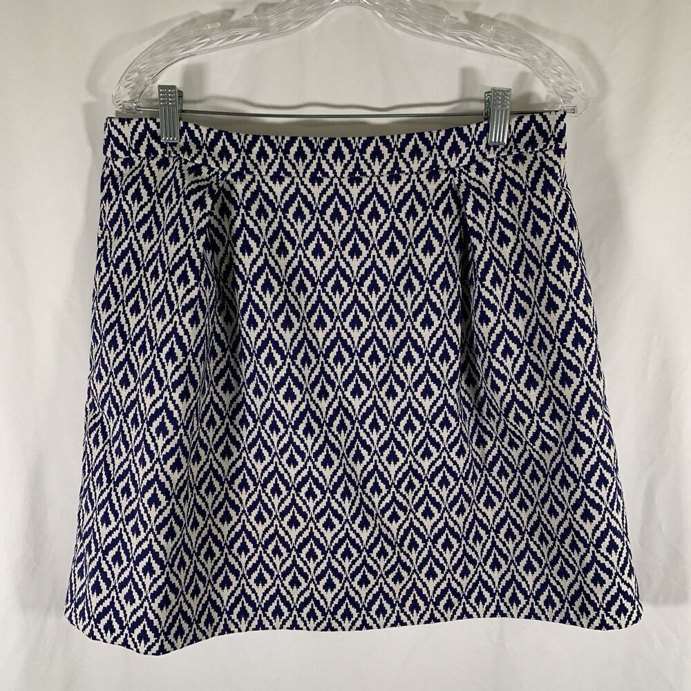 J. Crew Short Length Skirt Women 12 White Blue Print Zip Back Lined Cotton Blend
